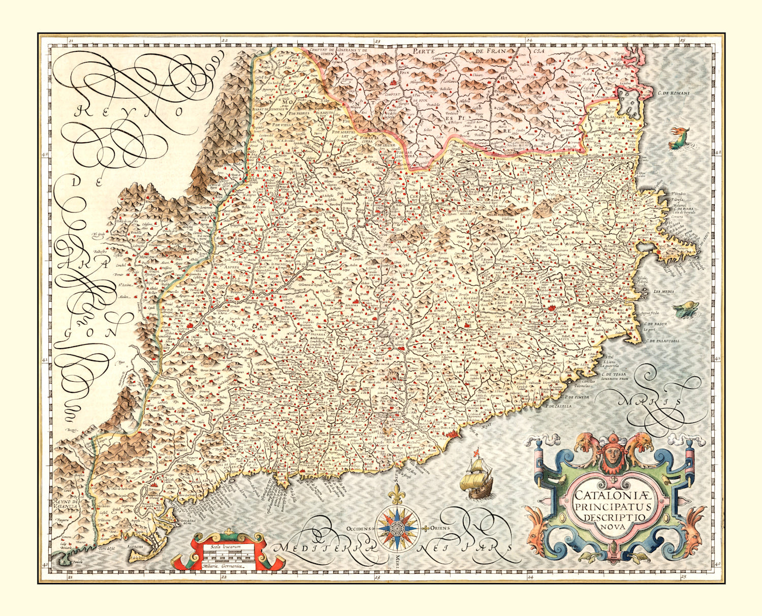 Vintage Map of Catalonia Spain , 1623