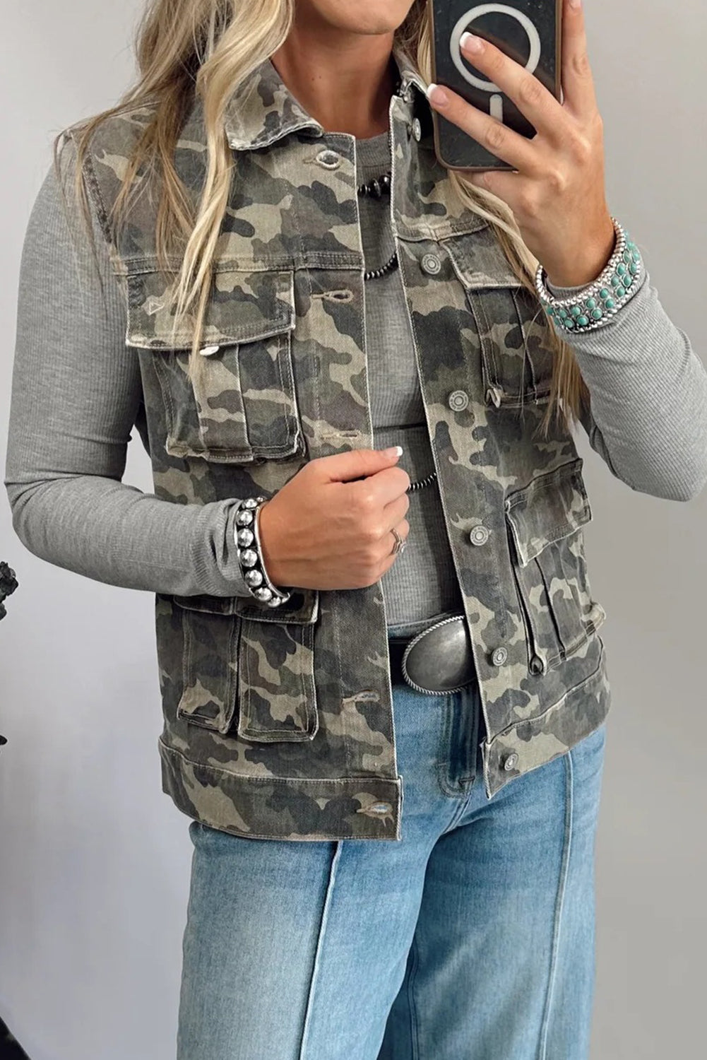 Camo Denim Cargo Pocket Buttoned Vest
