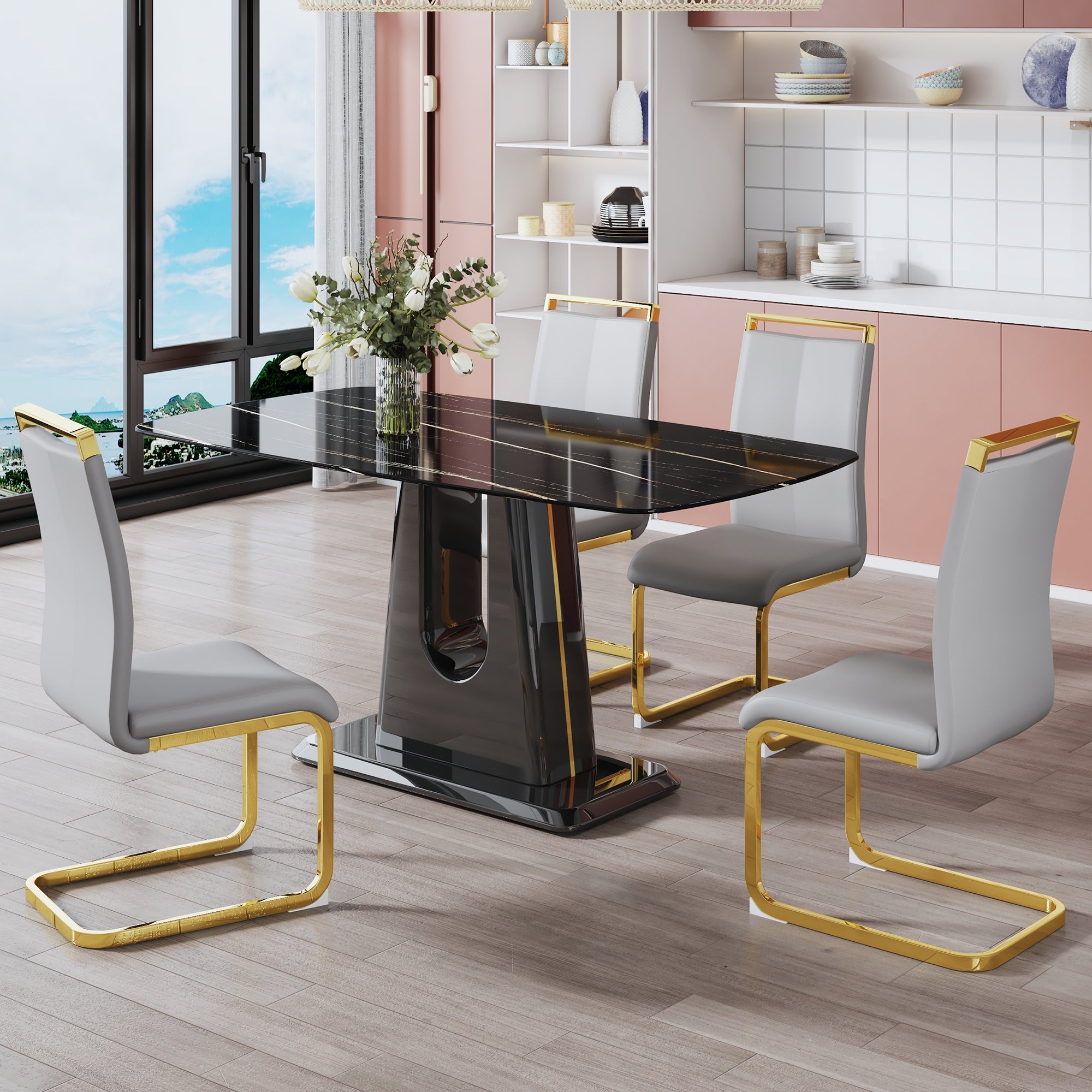 A modern, minimalist, and luxurious table. A black imitation marble tabletop with MDF U-shaped legs. Dining table, computer table. For restaurants and living rooms 63' * 35.4'* 30' F-U