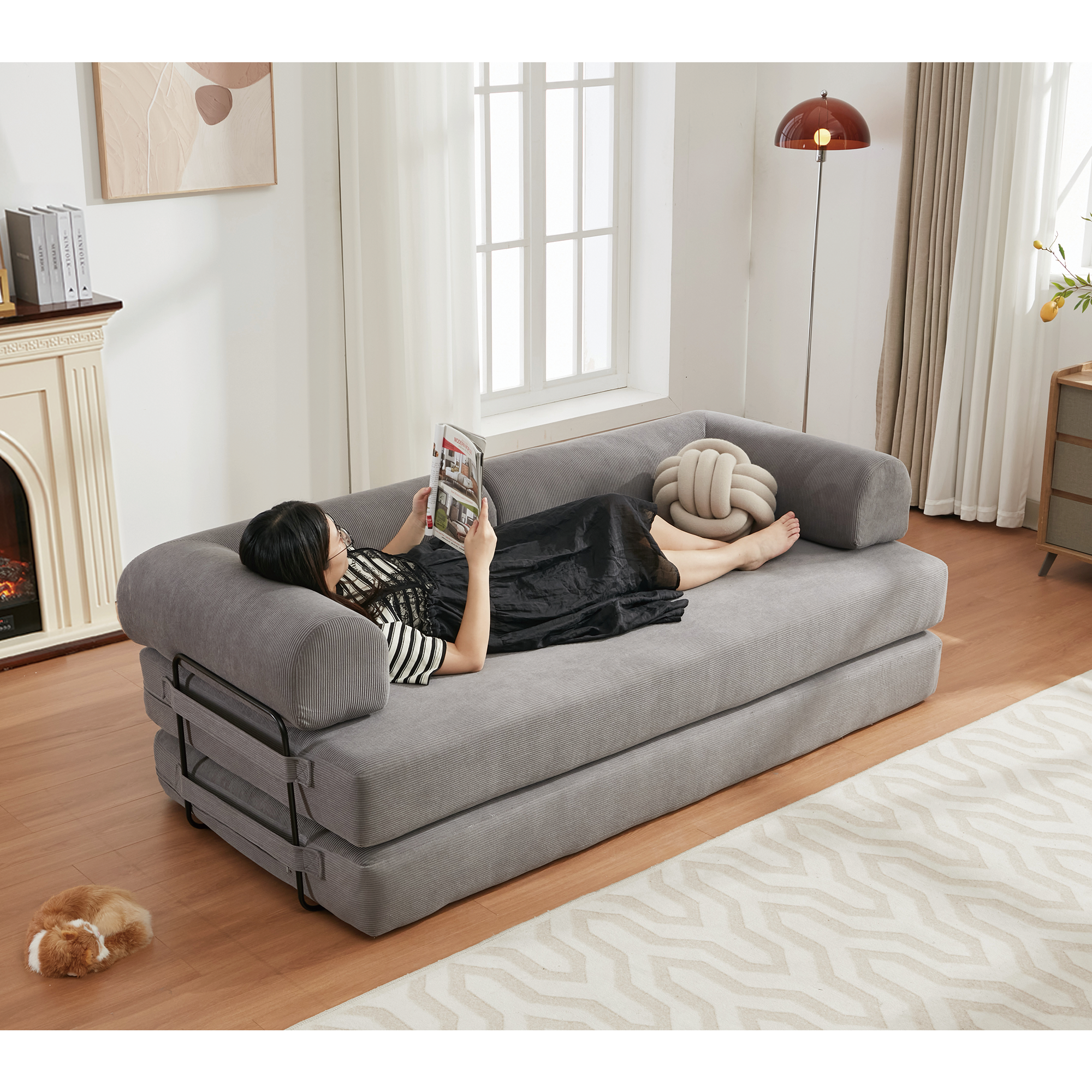[NEW ARRIVED] [VIDEO PROVIDED] 78.5' Folding Convertible Out Sleeper Sofa Bed,4-in-1 DIY Combination Convertible Sofa,3 seat, Folding  Sofa, King Size , Bedroom,Apartment,Corduroy,Gray