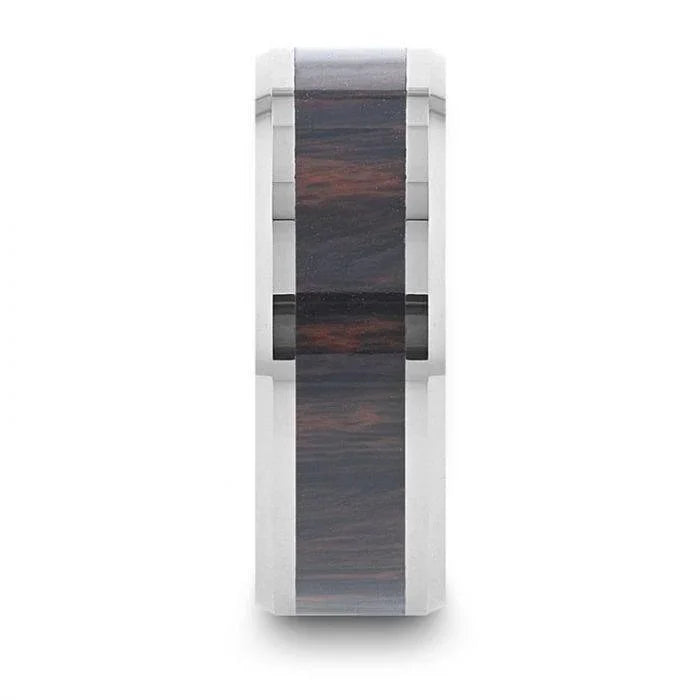 AZTEC Mahogany Inlaid Tungsten Carbide Ring with Polished Beveled Edges – 8mm