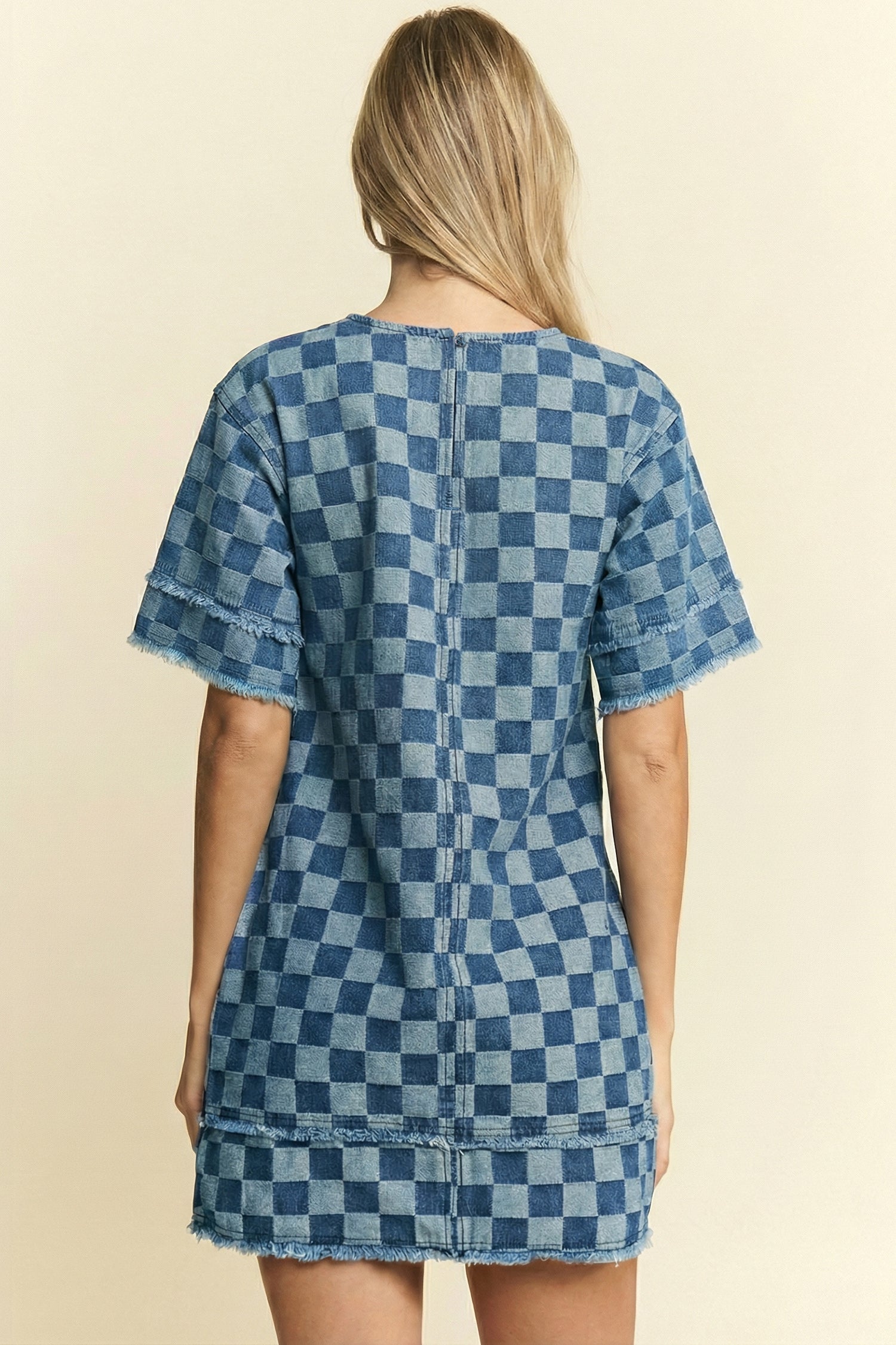 Checker Denim Frayed Hem Mini Dress