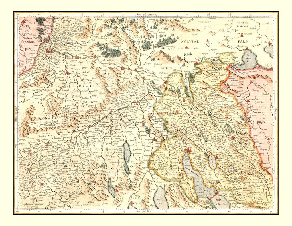 Vintage Map of Switzerland, 1623