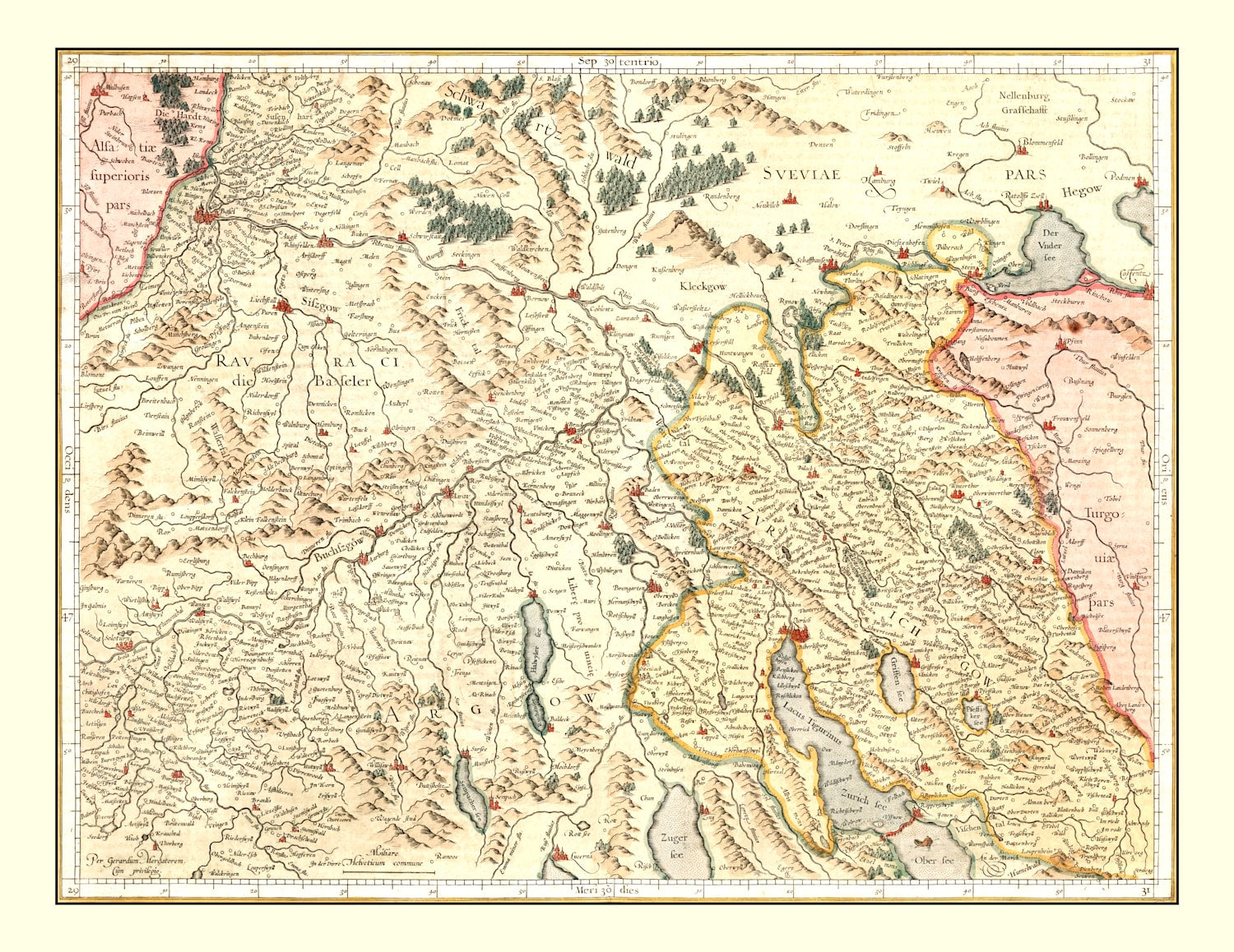 Vintage Map of Switzerland, 1623