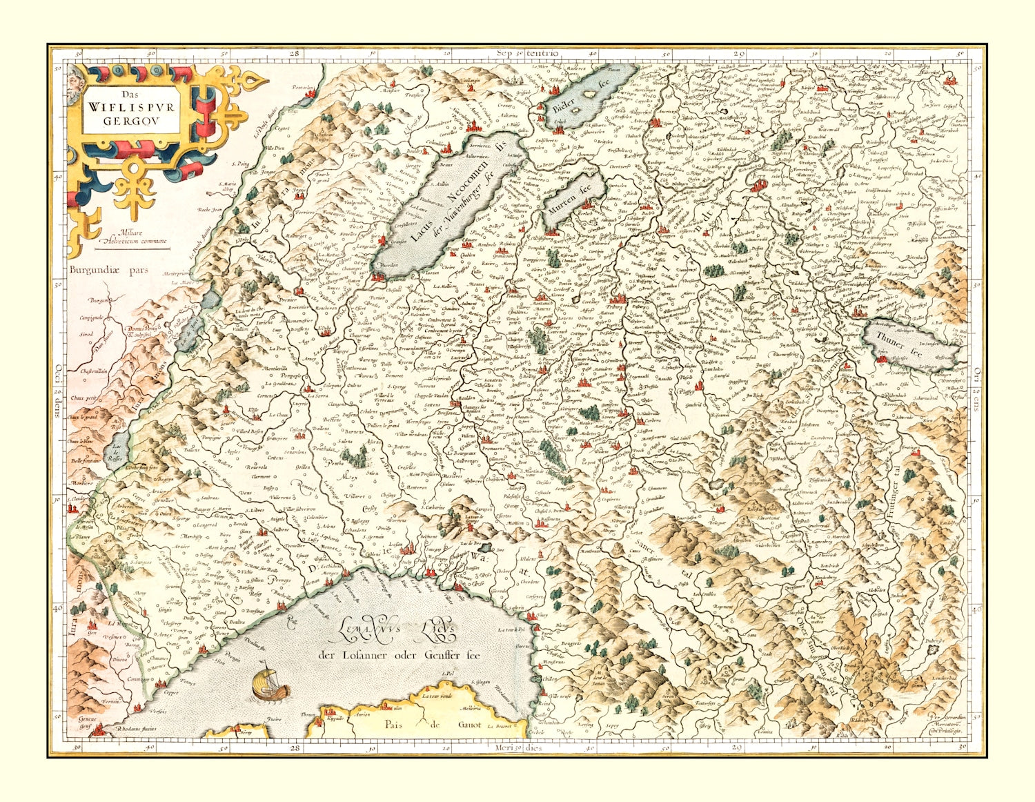 Vintage Map of Switzerland (Das Wiflispurgergou), 1623