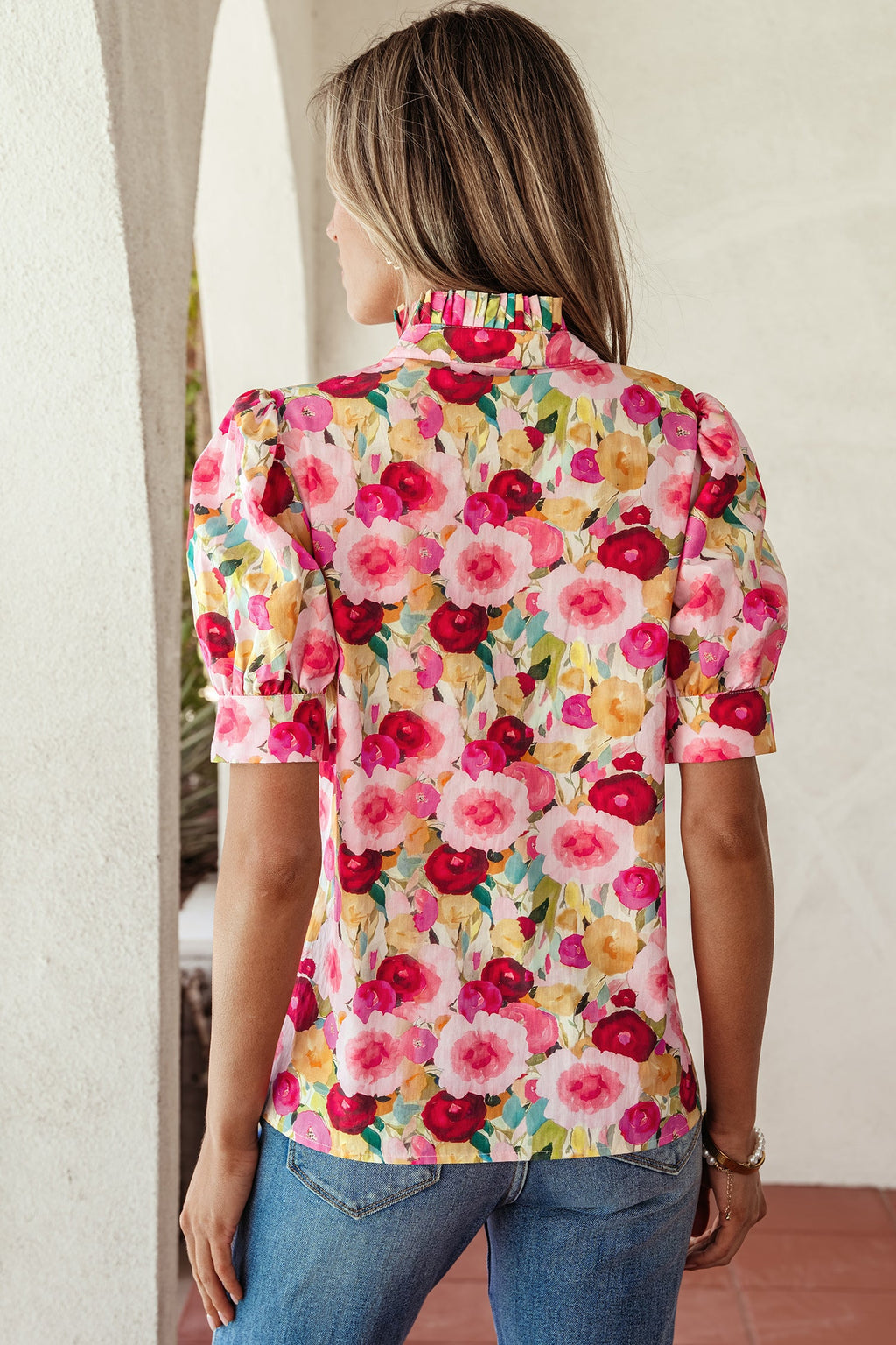 Floral Frilled V-Neck Short Puff Sleeve Blouse