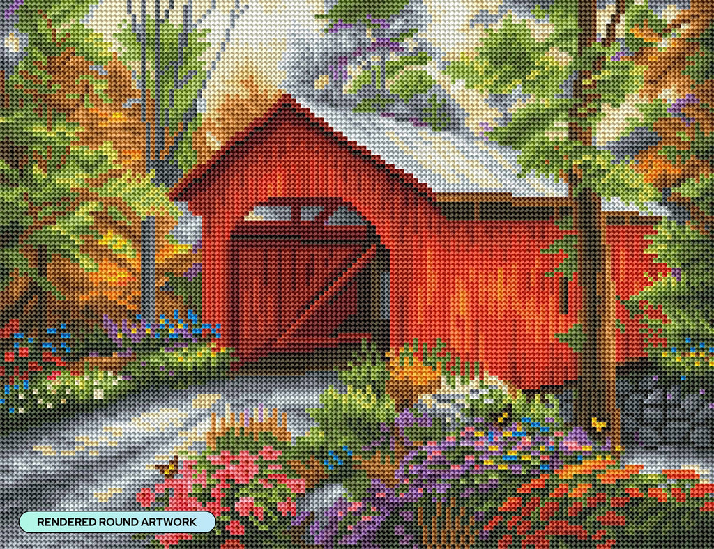 Diamond Art Club – Red Covered Bridge Diamond Painting (Round Drill, 17" x 13")