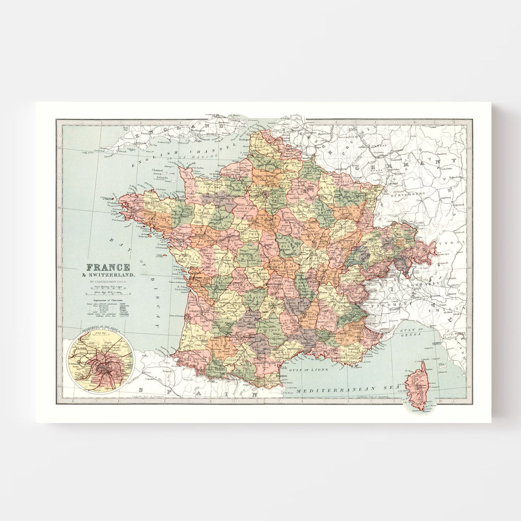 Vintage Map of France And Switzerland 1871