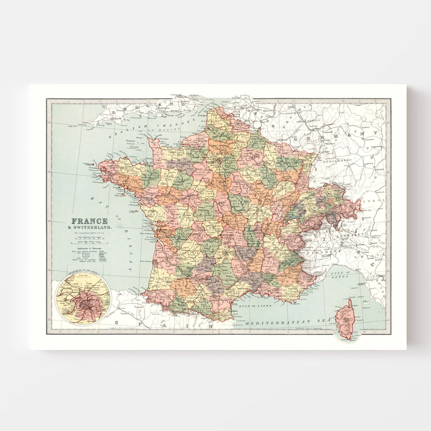 Vintage Map of France And Switzerland 1871