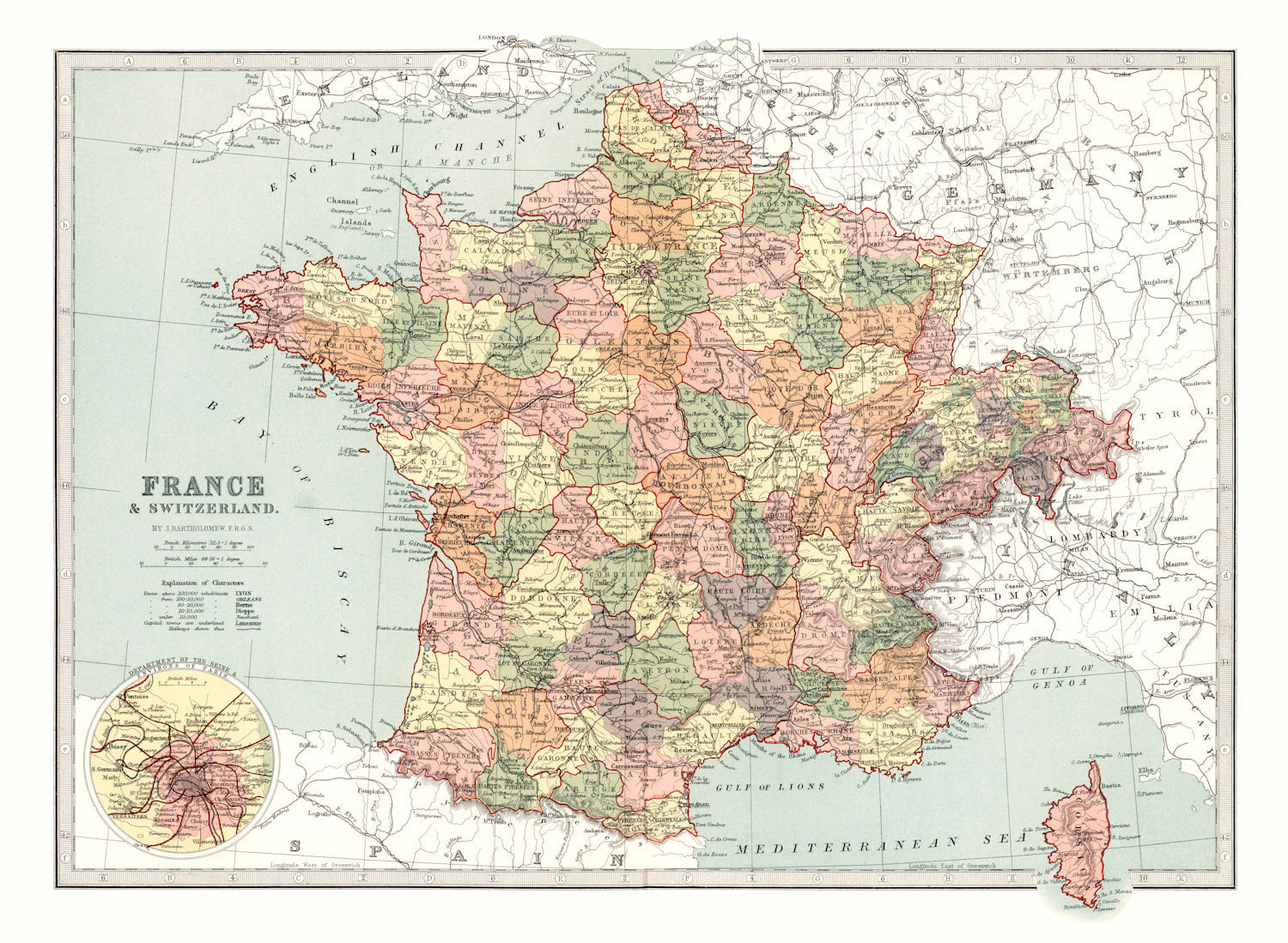 Vintage Map of France And Switzerland 1871