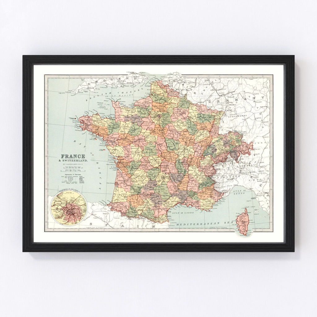 Vintage Map of France And Switzerland 1871