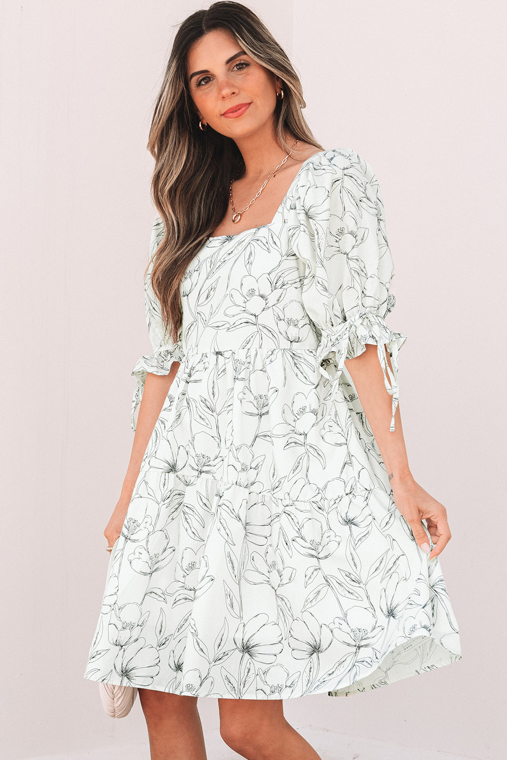 Floral Square Neck Shirred Back Mini Dress
