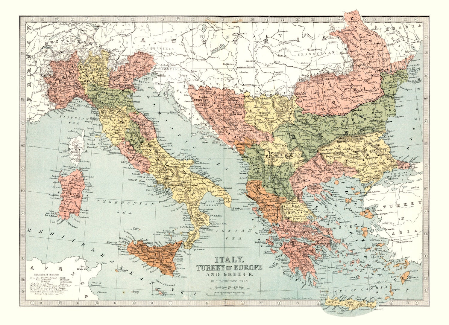 Vintage Map of Italy, Turkey & Greece 1871