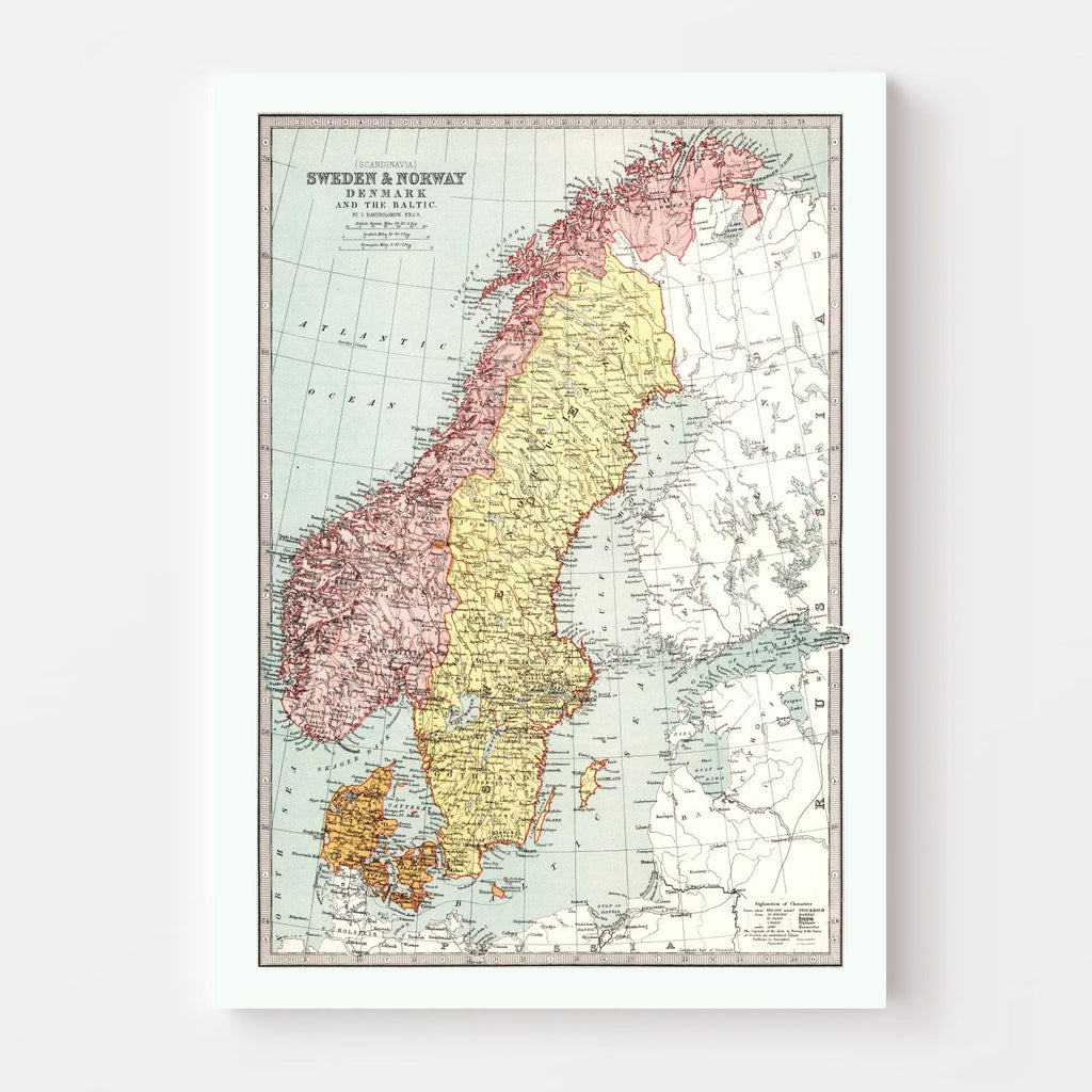Vintage Map of Sweden, Norway & Denmark 1871