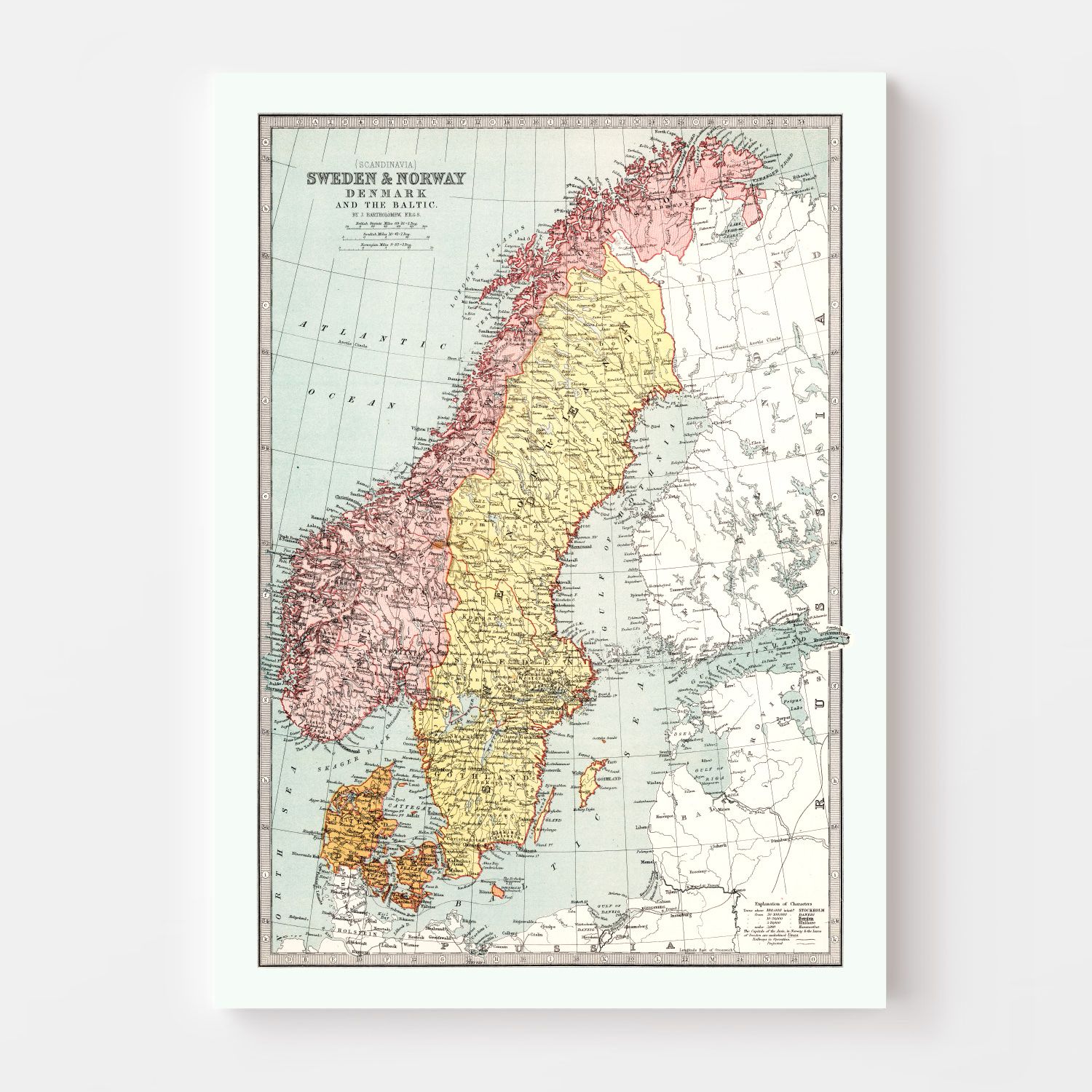 Vintage Map of Sweden, Norway & Denmark 1871