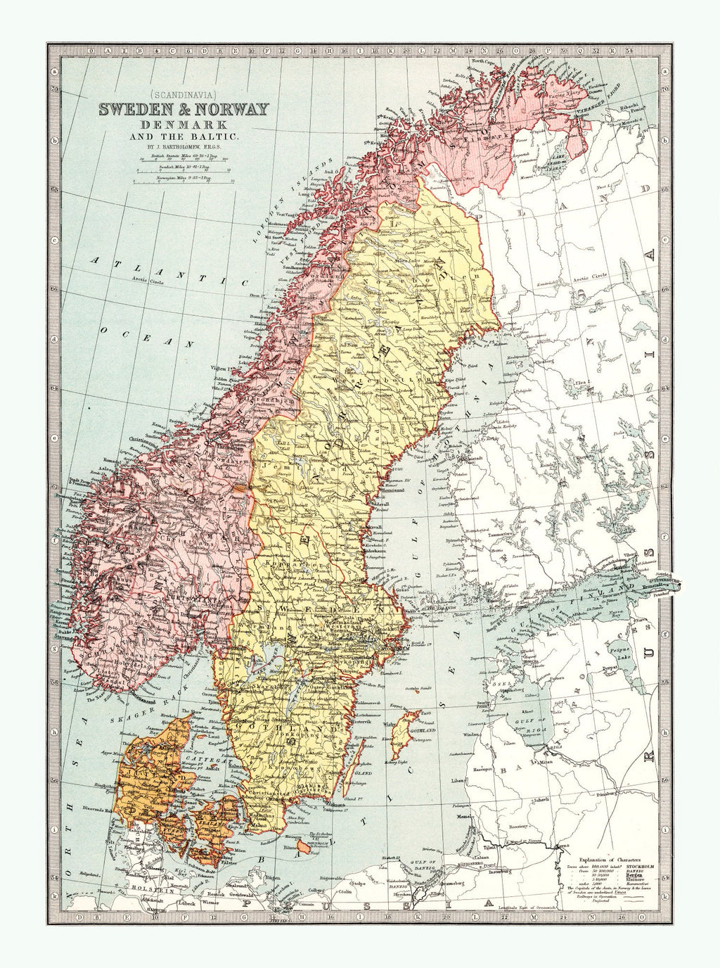 Vintage Map of Sweden, Norway & Denmark 1871