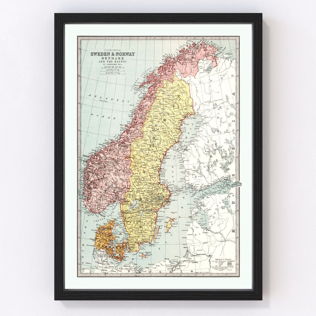 Vintage Map of Sweden, Norway & Denmark 1871