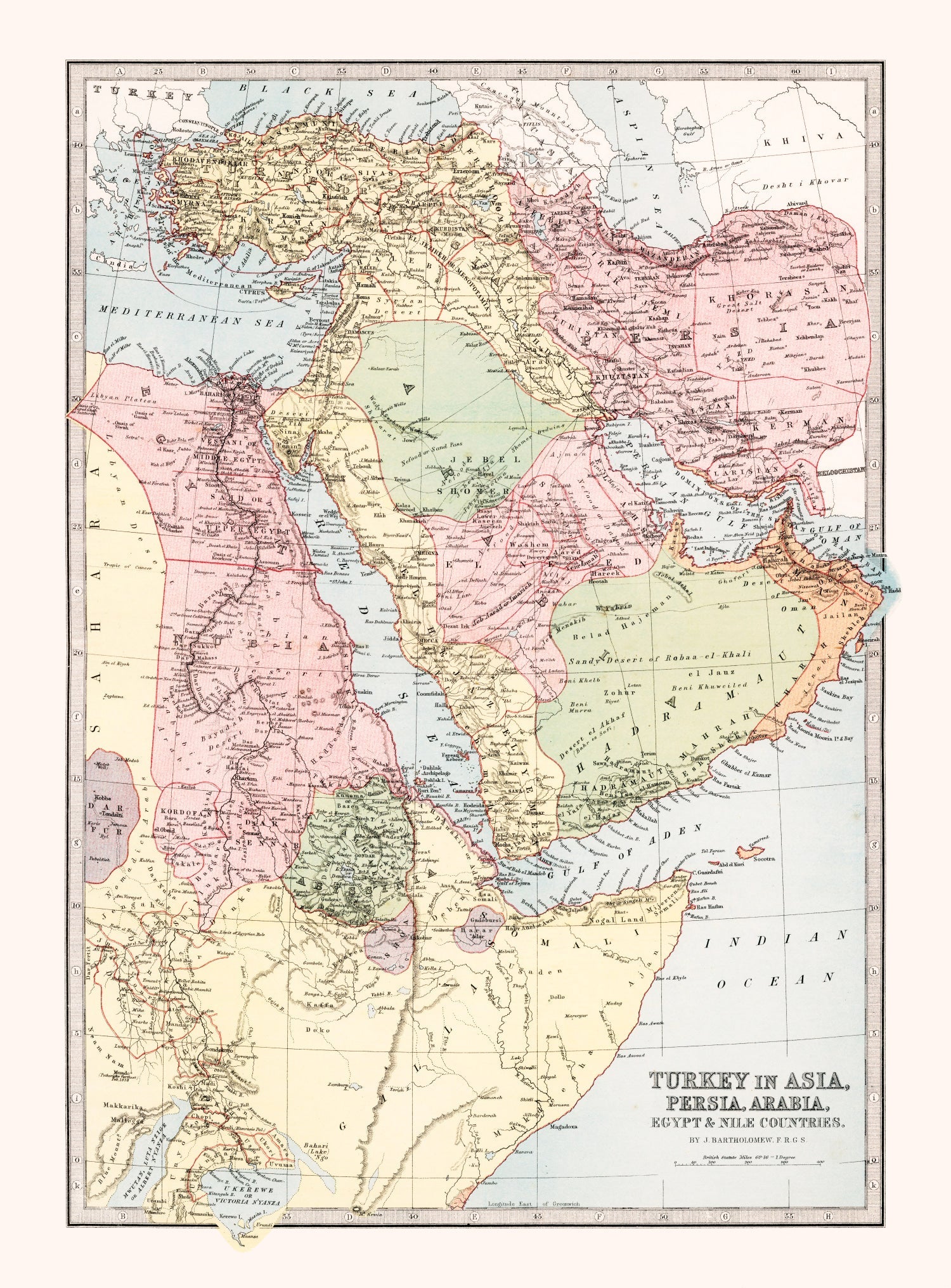Vintage Map of Turkey, Persia, Arabia & Egypt 1871