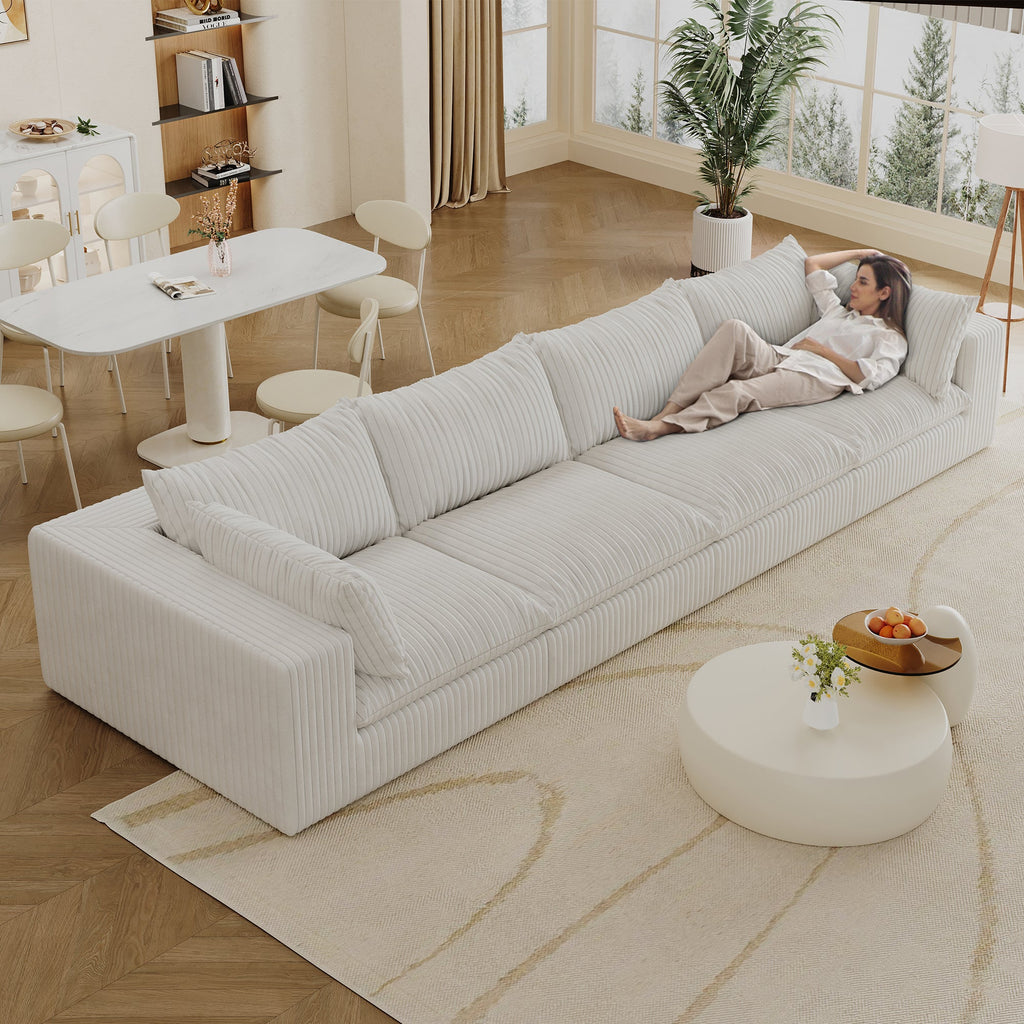 157.6'Cloud Sofa,Corduroy Fabric,Deep Seat Couches,Double-layer design,Removable  Cushion,No Assembly,DIY Combination for Living room, Bedroom,Conference room ,Apartment,White