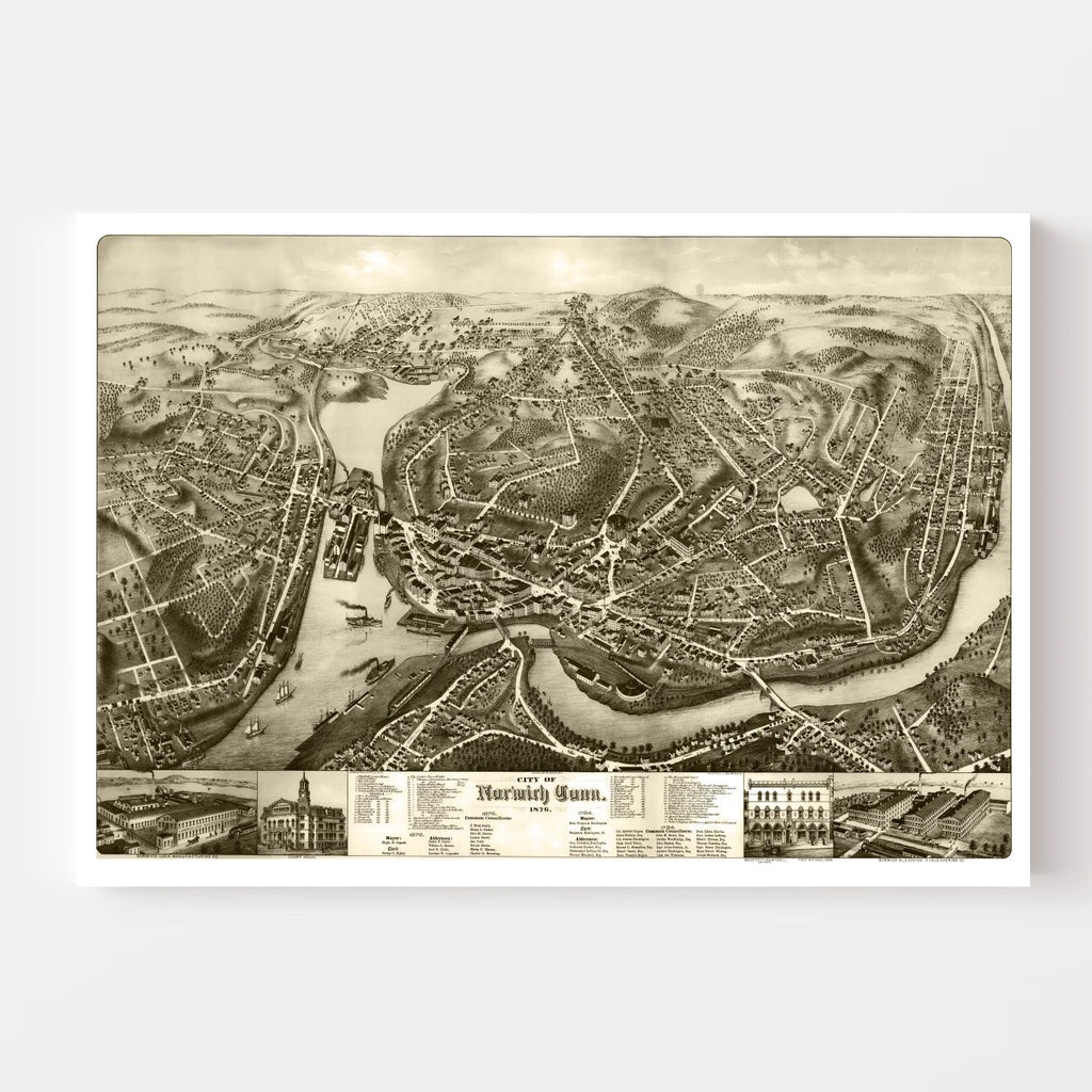 Vintage Map of Norwich, Connecticut 1876