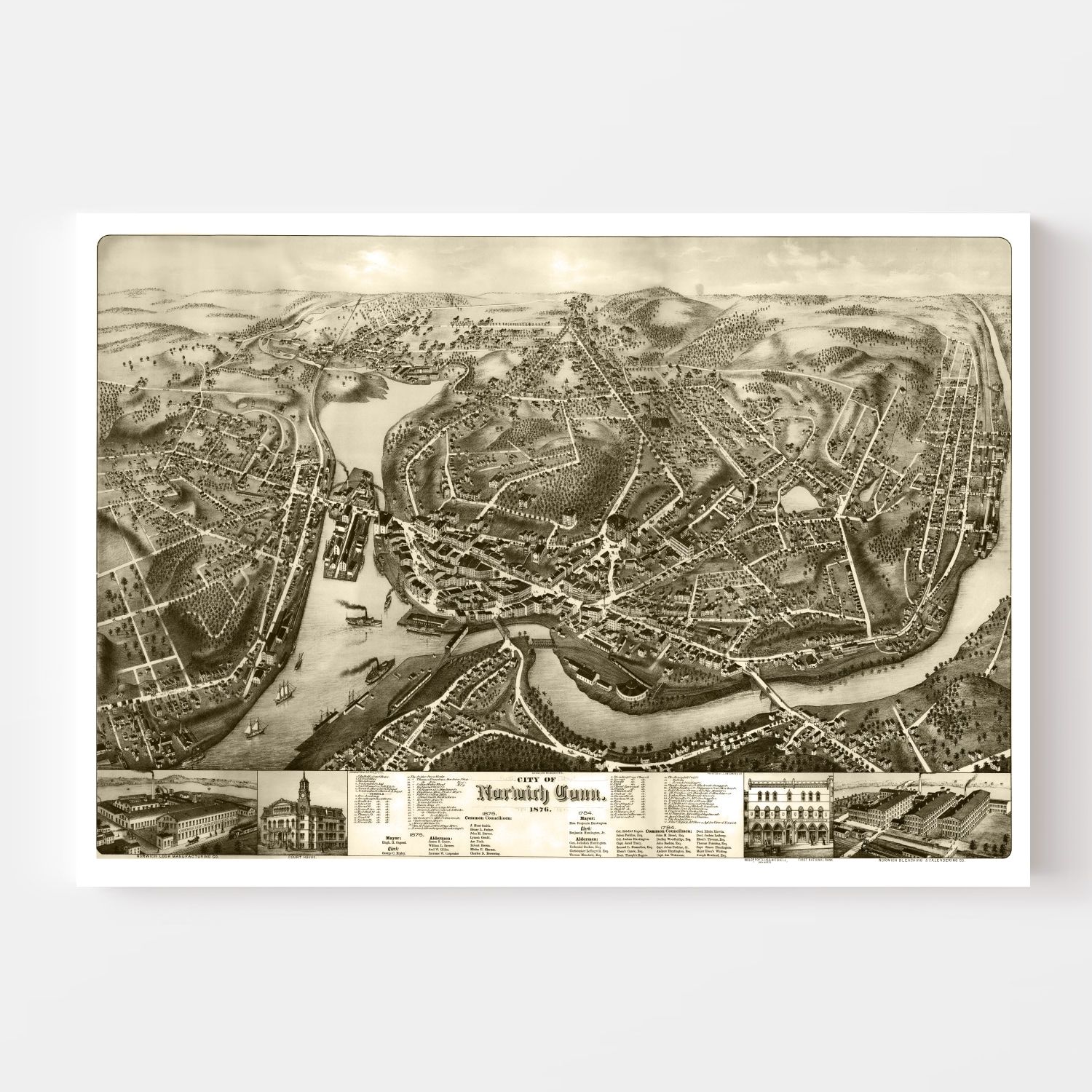 Vintage Map of Norwich, Connecticut 1876