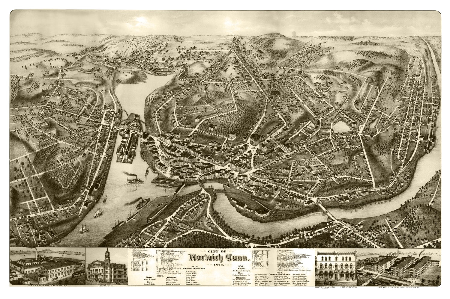 Vintage Map of Norwich, Connecticut 1876