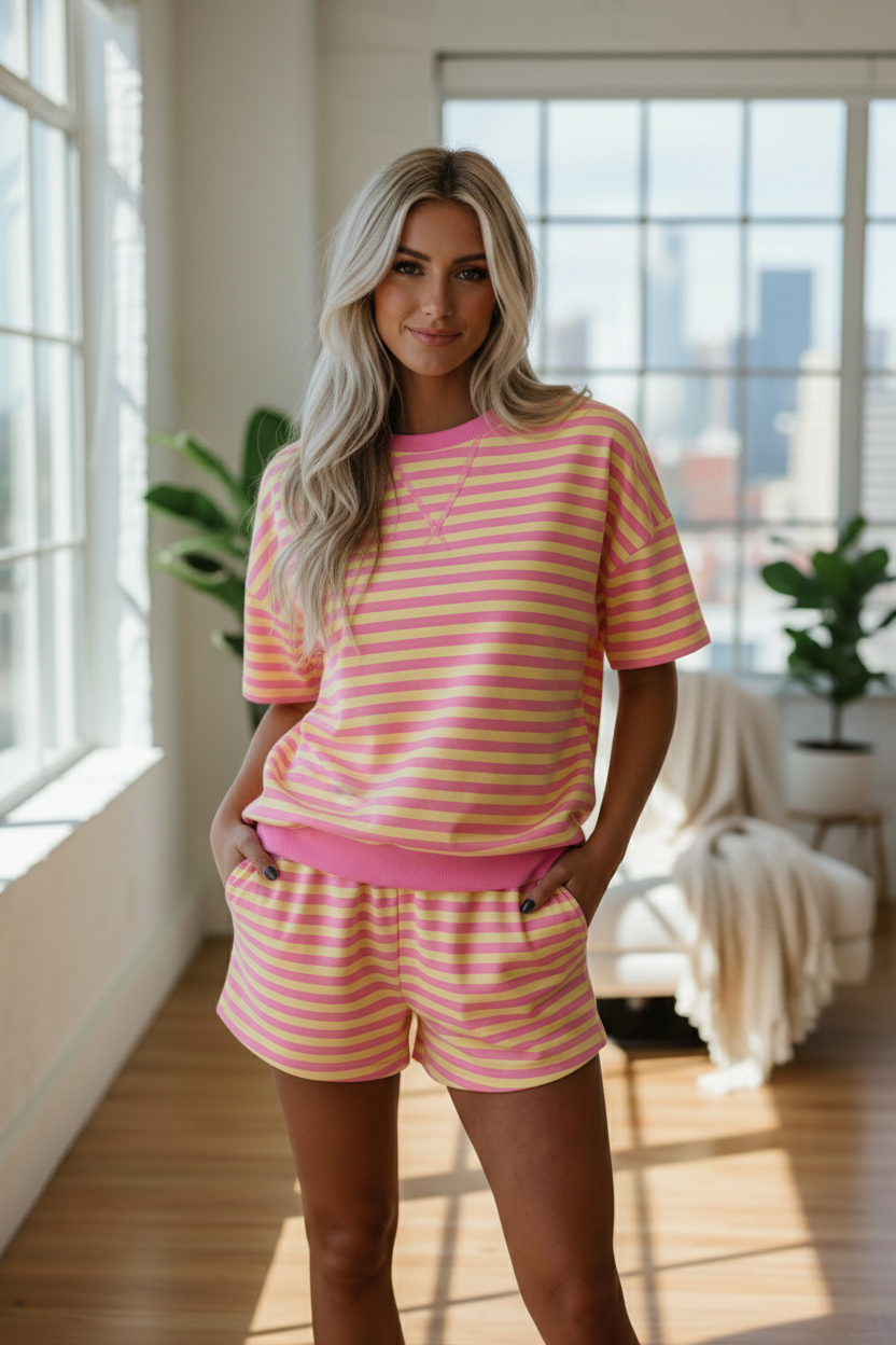 Stripe Terry Knit Top & Shorts Set