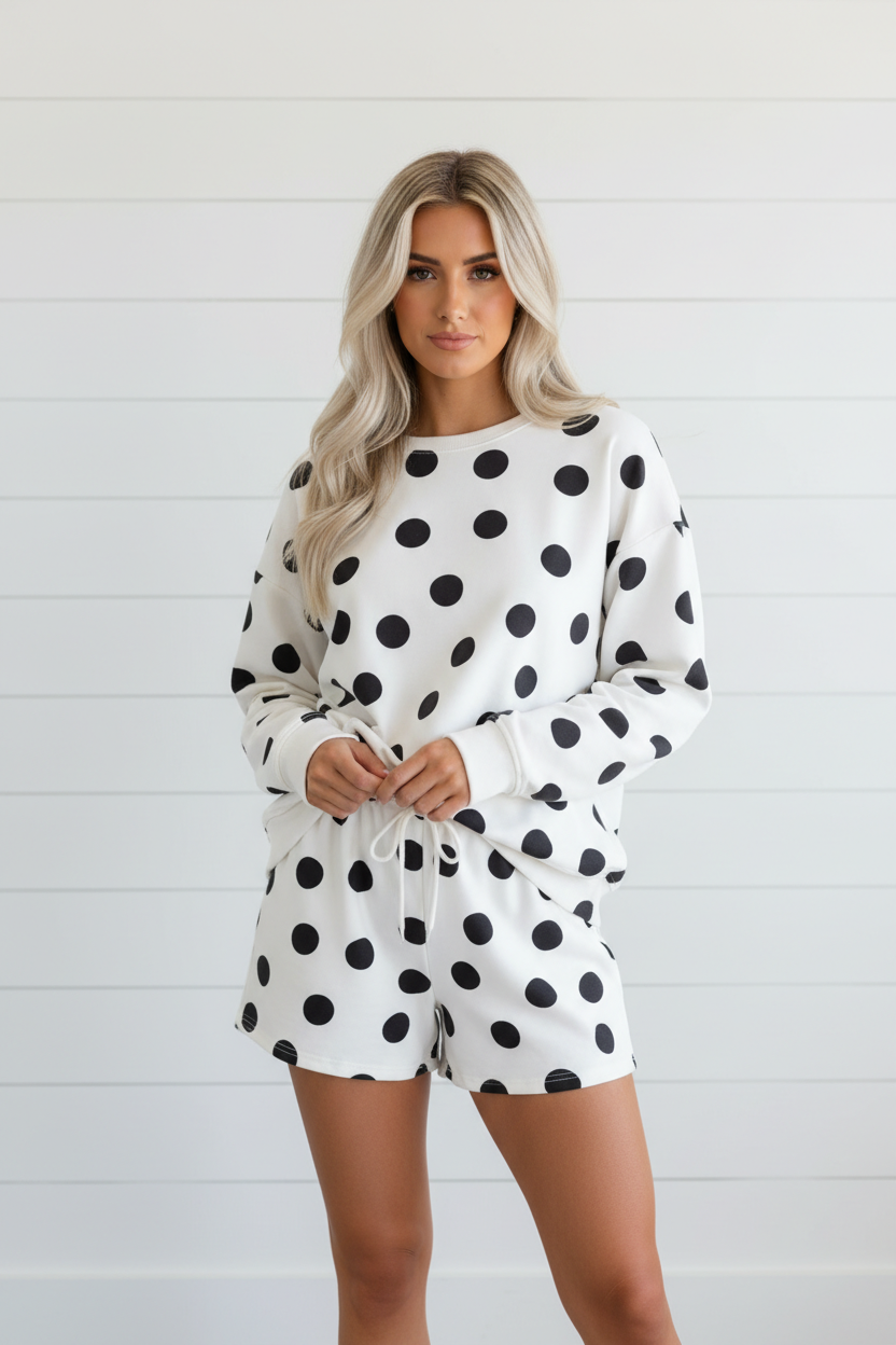 Polka Dot Pullover and Drawstring Shorts Set