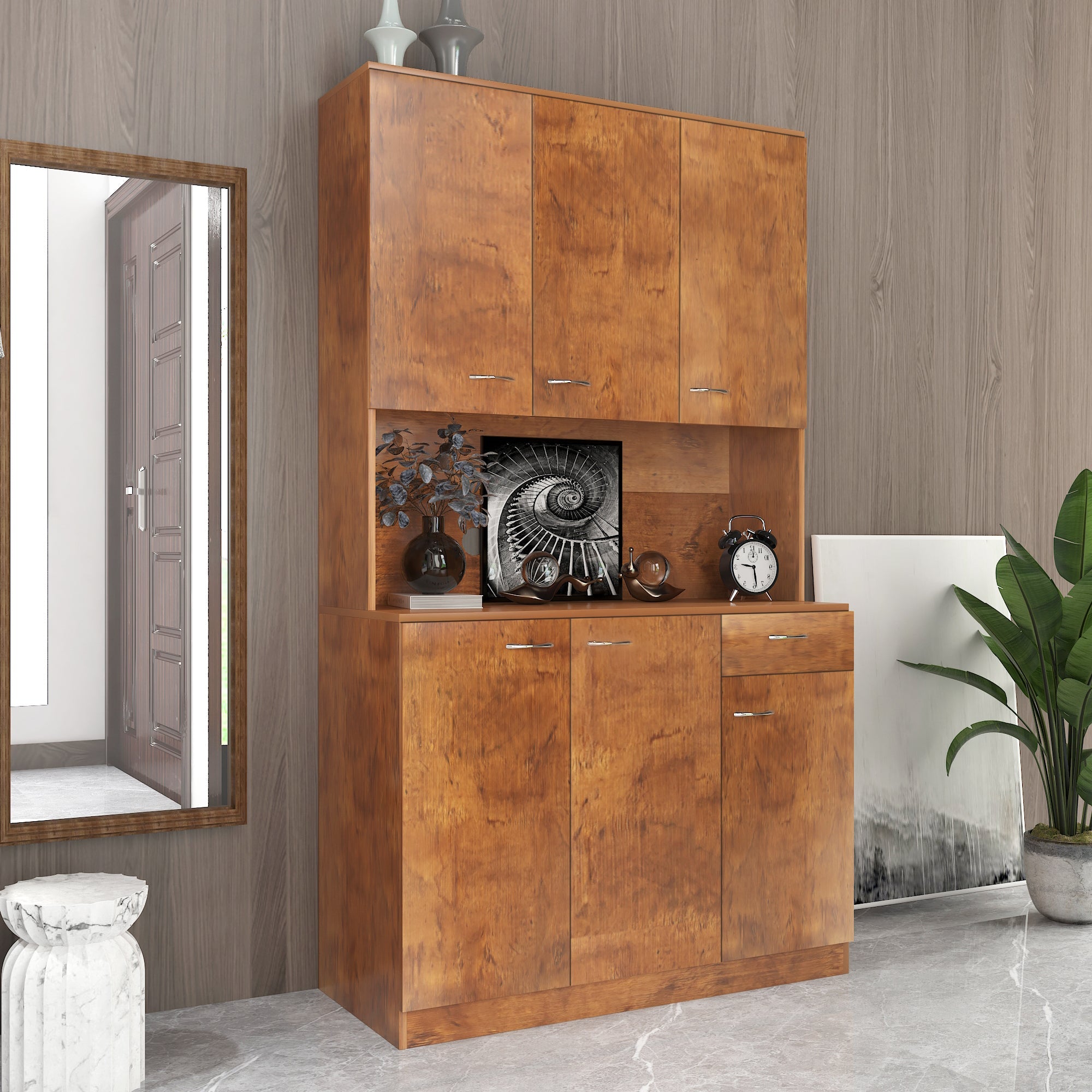 70.87' Tall Wardrobe& Kitchen Cabinet, with 6-Doors, 1-Open Shelves and 1-Drawer for bedroom,Walnut