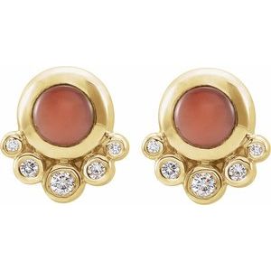 14K Yellow Gold Natural Pink Coral & 1/8 CTW Natural Diamond Earrings – image 2