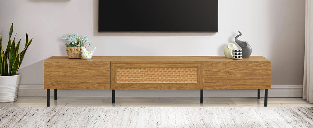 Boho TV Stand for TVs up to 80'' , Modern Farmhouse Media Console, Entertainment Center with Metal Legs, TV Cabinet for Living Room, Home Theatre