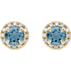 14K Yellow Gold 6 mm Natural Blue Zircon & 1/3 CTW Natural Diamond Halo-Style Earrings