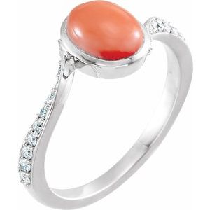 14K White Gold Natural Pink Coral Cabochon & 1/5 CTW Natural Diamond Ring