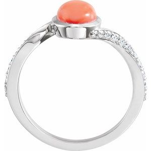 14K White Gold Natural Pink Coral Cabochon & 1/5 CTW Natural Diamond Ring