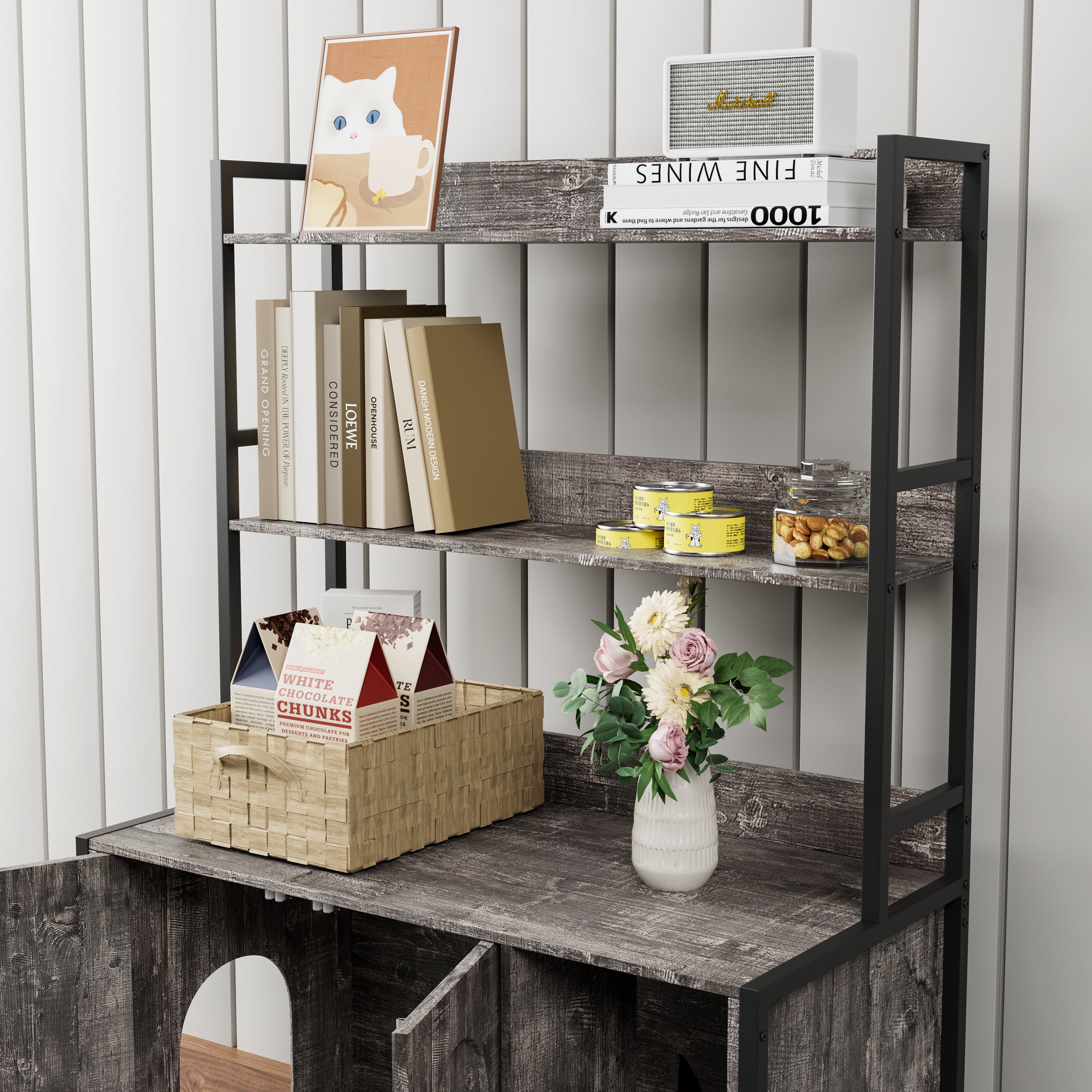 Large Cat Litter Box Enclosure With Shelf Storage, Hidden Cat Washroom Furniture, Wooden Cat House With Scratch Pad, Sturdy Indoor Cat Cabinet With 2 Doors(Grey)