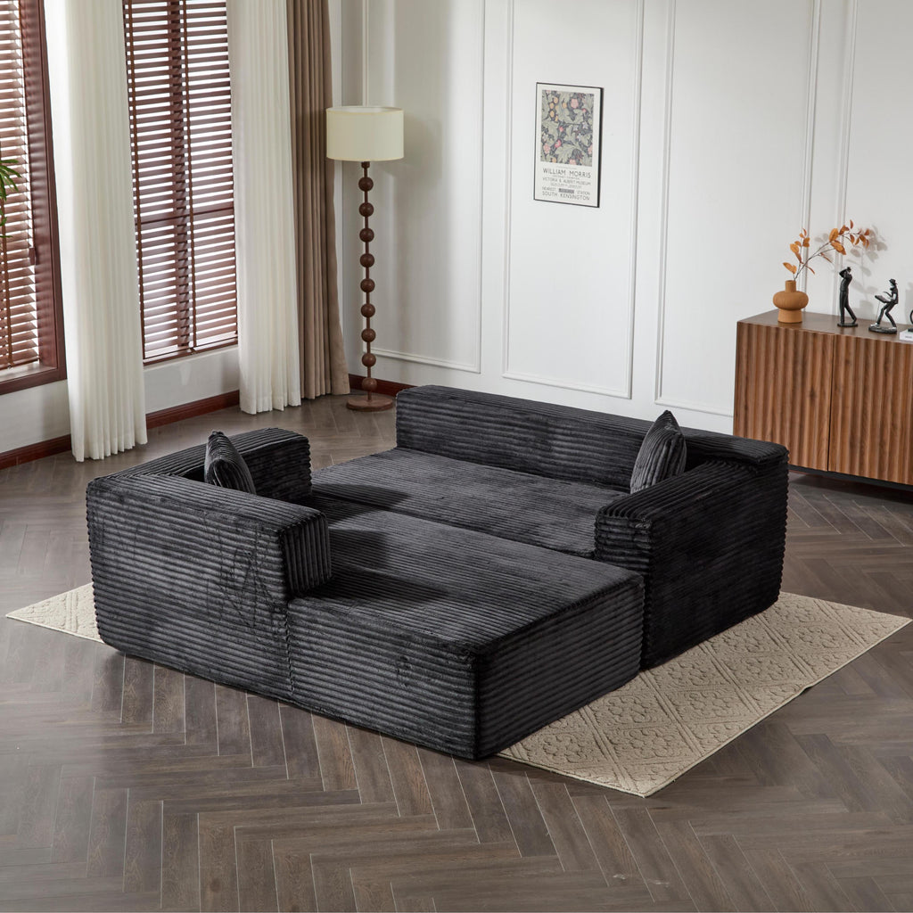 Compression Sectional Couch with Comfy Chaise, Boneless L Shape Sofa with Deep Seat, Minimalist Modular Couches Sleeper for Living Room Bedroom Apartment Lounge,corduroy,Black