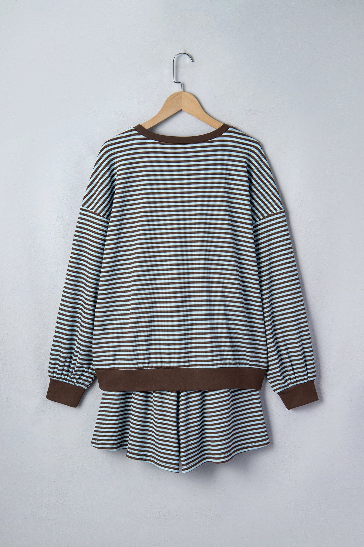 Plus Size Stripe Long Sleeve Top & Drawstring Shorts Set