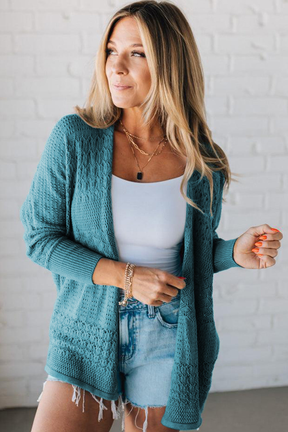 Jet Stream Mix Pattern Hollow Knit Open Front Cardigan