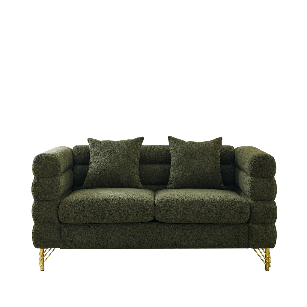60Inch Oversized 2 Seater Sectional Sofa, Living Room Comfort Fabric Sectional Sofa-Deep Seating Sectional Sofa, Soft Sitting with 2 Pillows for Living Room, Bedroom, Office, Green teddy( W834S00032)