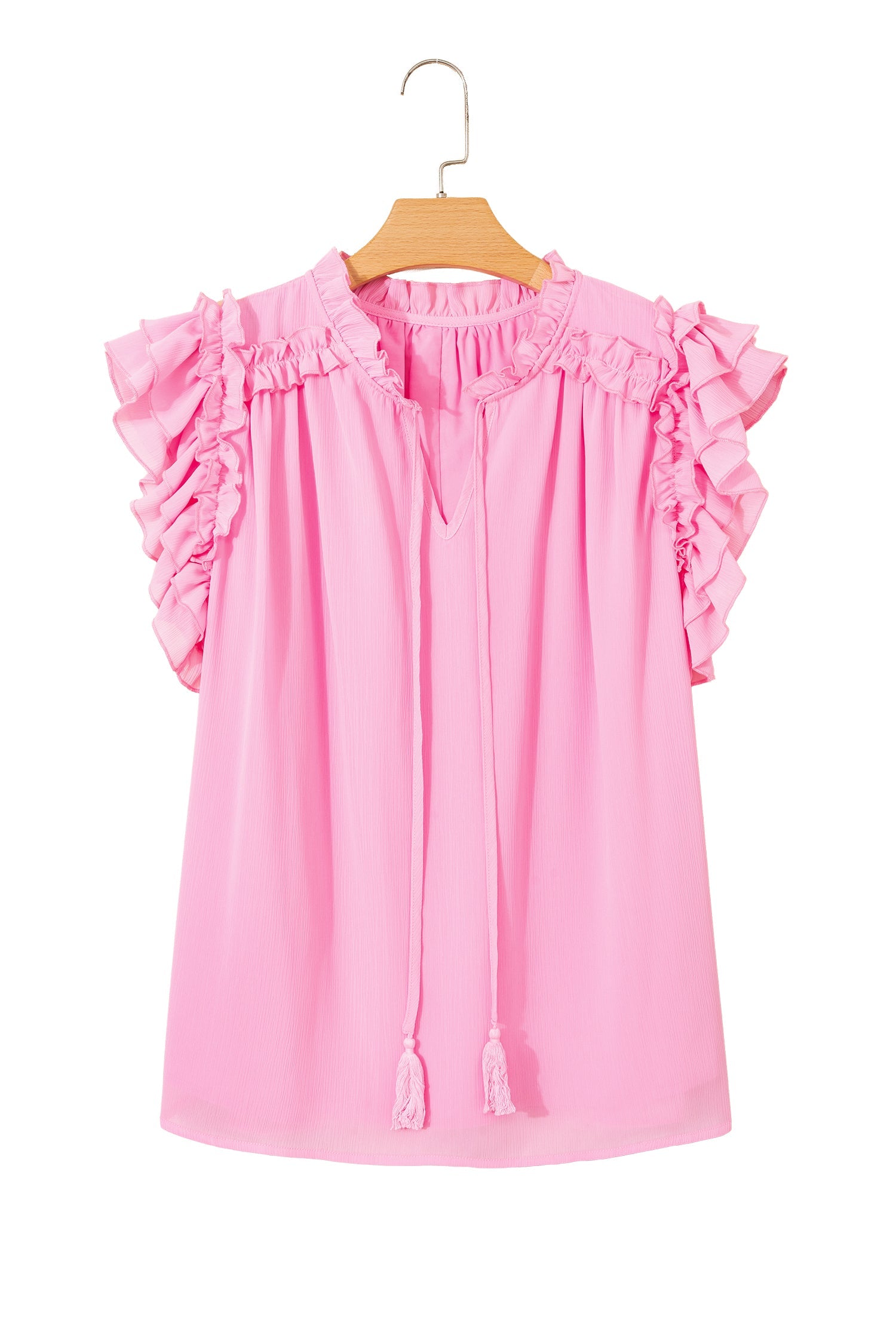 Plus Size Solid Ruffle Tassel Tie V-Neck Blouse
