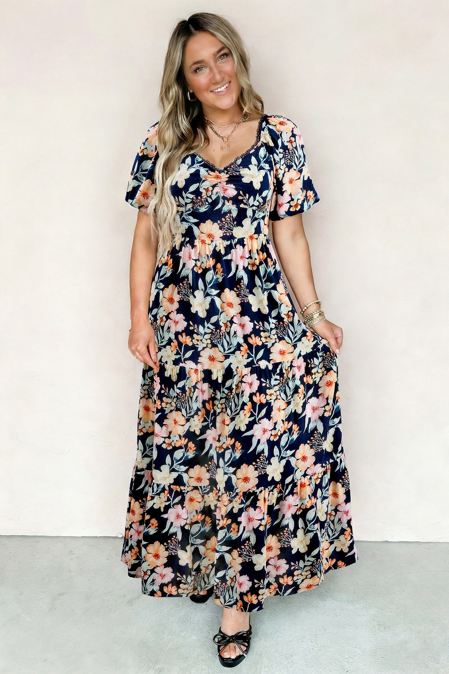 Floral Short Sleeve Smocked High Waist Maxi Dress