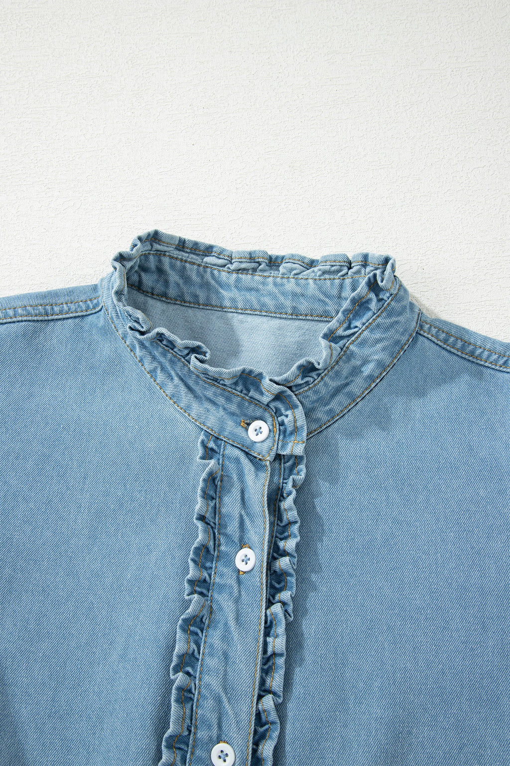 Solid Denim Frilled Ruffle Sleeve Buttoned Mini Dress