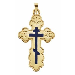 14K Yellow Gold 32x21 mm Blue Enamel Orthodox Cross Pendant