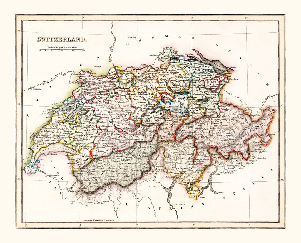 Vintage Map of Switzerland 1832