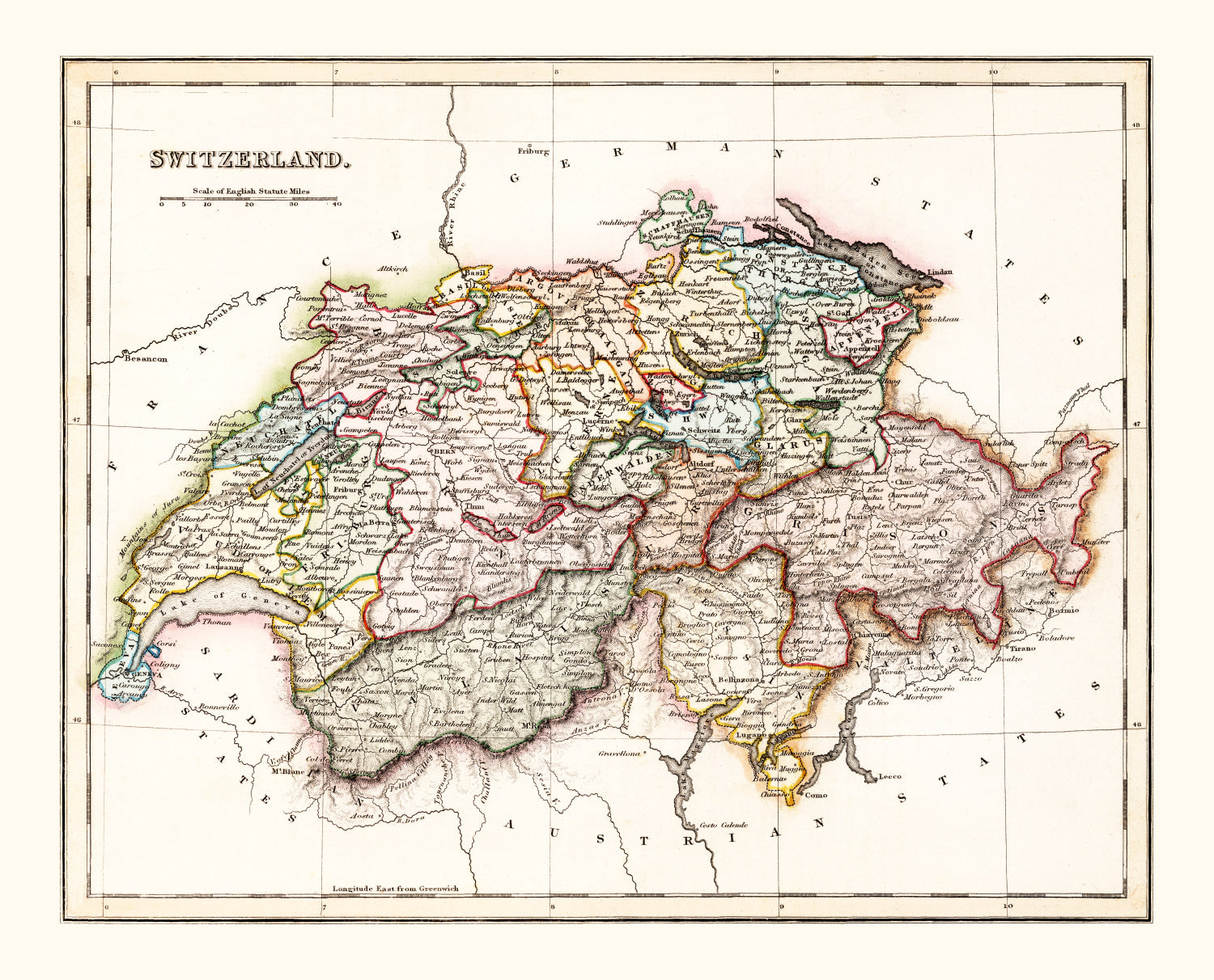 Vintage Map of Switzerland 1832