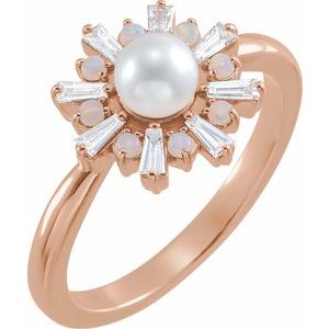 14K Rose Gold  Cultured White Akoya Pearl, Natural White Opal & 1/4 CTW Natural Diamond Ring