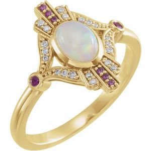 14K Yellow Gold Natural Ethiopian Opal, Natural Pink Sapphire & .06 CTW Natural Diamond Cabochon Ring