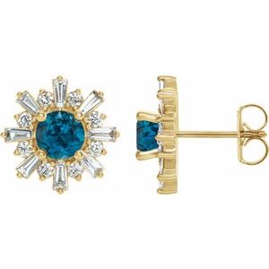 14K Yellow Gold Natural London Blue Topaz & 3/4 CTW Natural Diamond Earrings