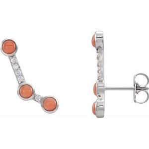 14K White Gold Natural Pink Coral & .01 CTW Natural Diamond Ear Climbers