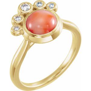 14K Yellow Gold Natural Pink Coral & 1/8 CTW Natural Diamond Ring